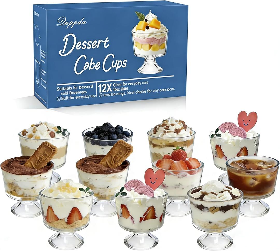 QAPPDA Glass Dessert Bowl Set of 12,Clear Footed Ice Cream Cups 300ml,Premium 10 Ounce Glass Prep Bowl Trifle Party Bowl Glasses Dessert Cup for Sundae,Snack,Cereal,Fruit