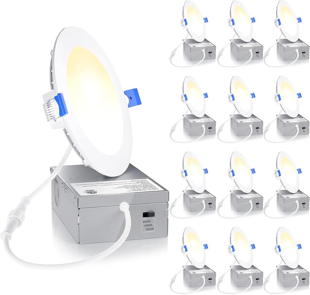 Ensenior 12 Pack 4 Inch LED Recessed Light, Dimmable, 3000K-5000K 3CCT, 750LM High Brightness, 9W 120V, 3 Pin, ERL-9X-ETL, Damp Rated, Ultra-Thin Canless Wafer Ceiling Light - ETL & FCC & IC