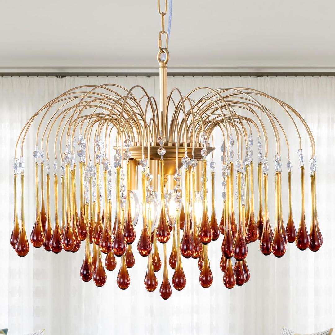 TOCHIC Crystal Gold Chandelier Modern Chandeliers for Dining Room, Raindrop Crystal Chandelier Light Fixture, Vintage Pendant Lighting for Living Room, Bedroom, Bathroom, Foyer, Kitchen Island, 24.5W