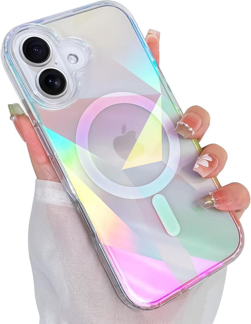 Cute Case for iPhone 16 Plus Case for Women Girls [ Compatible with Magsafe ] Clear Glitter Girly Aesthetic Rainbow Sparkly Bling Magnetic Phone Cover, Iridescent Geometry
