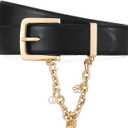 Women's Leather Belt for Jeans Black Belt with Gold Buckle and Chain Fashion Belts for Women