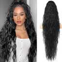 LONAI Ponytail Extension, 34" Black Long Wavy Drawstring Ponytail Extensions, DP001 Softer Lighter 80% Japanese Import Synthetic Clip in Hairpiece Natural Looking Hairpiece for Women-Black