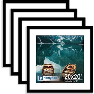 Hongkee 20x20 Frame Set of 4, 20 x 20 Black Wood Style(Mat 16x16), 20X20 in