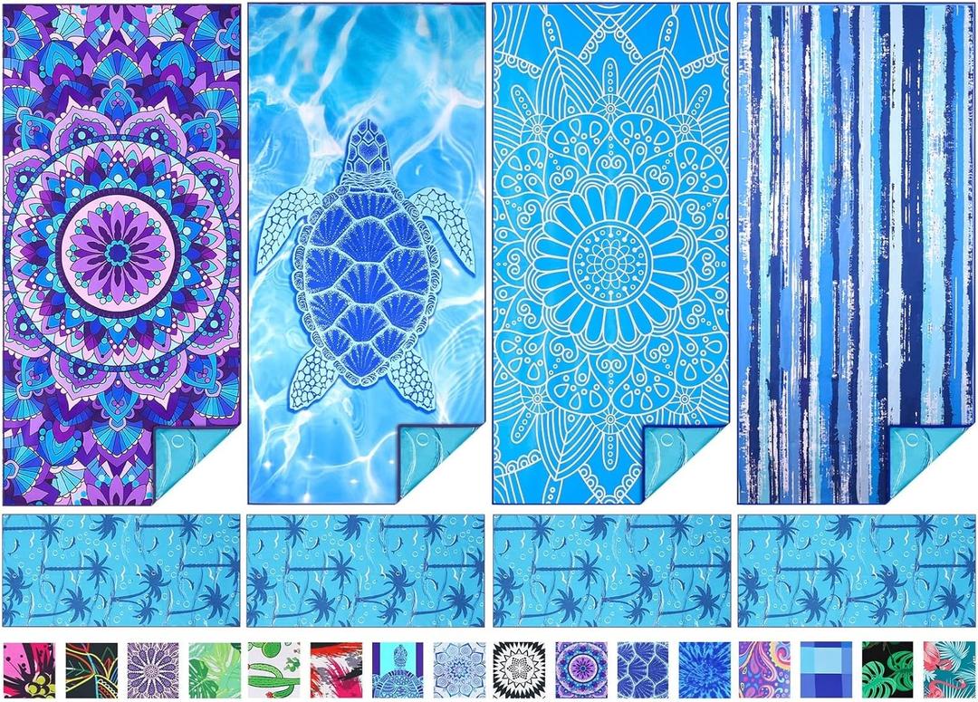 TwoYek 4 Pack Microfiber Thin Beach Towel Lightweight 71x32 Extra Large Sand Free Soft Towels Quick Dry for Travel Pool Yoga Gym Sports Beach Accessories Vacation Essential Gift (4 Pcs Mandala Turtle Strip)