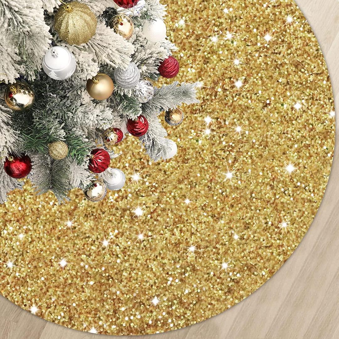 Gold Christmas Tree Skirts 21 Inches Mini Metallic Tree Cover Skirt Personalized Christmas Tree Mat Ornament Rustic Round Small Xmas Tree Skirts for Holiday Festival Home Christmas Indoor Decoration