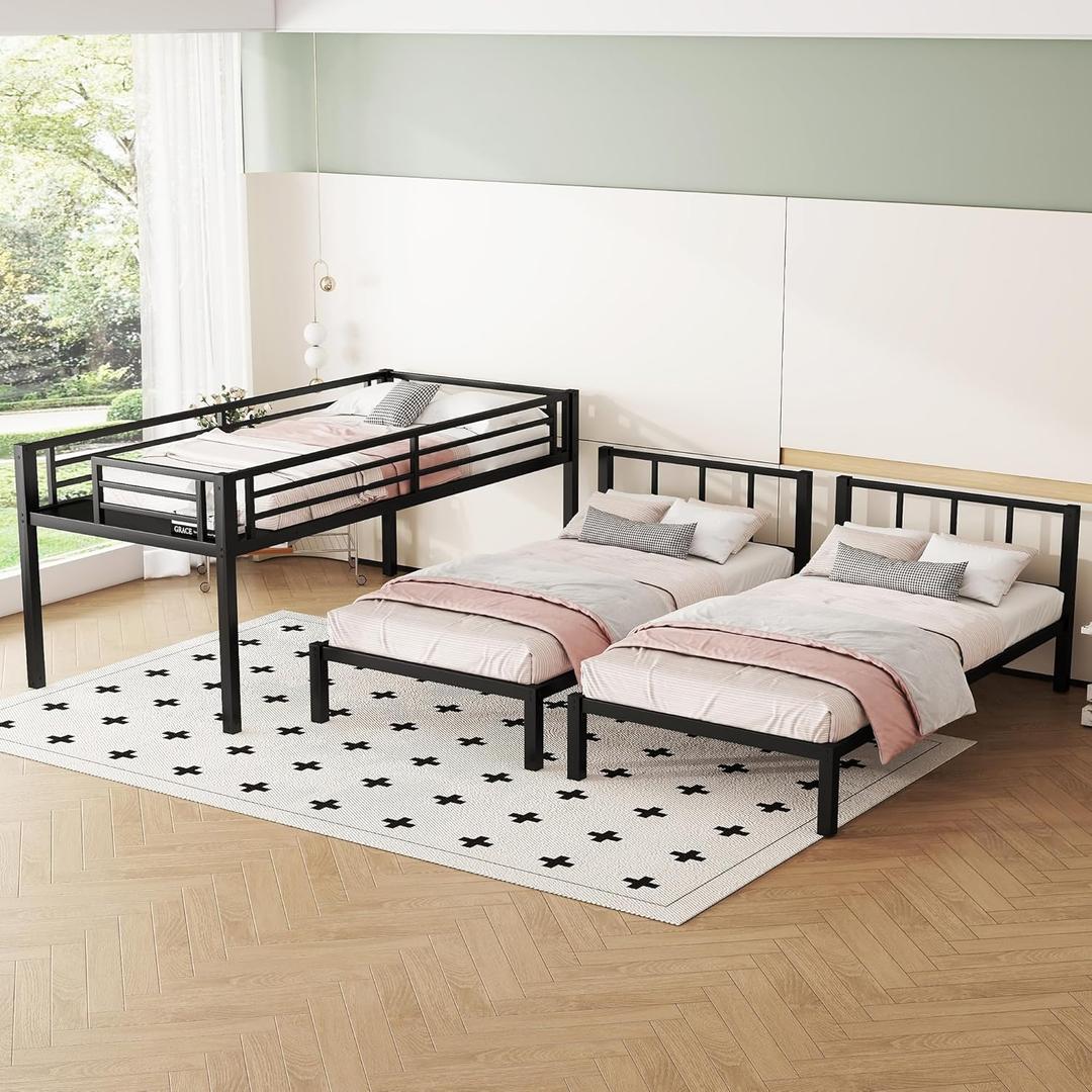 Bellemave Twin Size Triple Bunk Bed for 3 Kids, Heavy Duty Metal Triple Bunk Bed with Safety Fence, Heavy Duty Triple Beds for Kids, Teens, Black