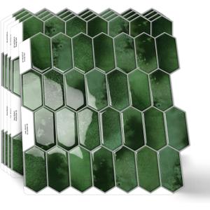 10-Sheet Long Hexagon Peel and Stick Kitchen Backsplash Tiles,3D Waterproof Self-Adhesive Wall Tile Stick on Backsplash for Kitchen, Bathroom, Fireplace,RV(Dark Green,12"12")
