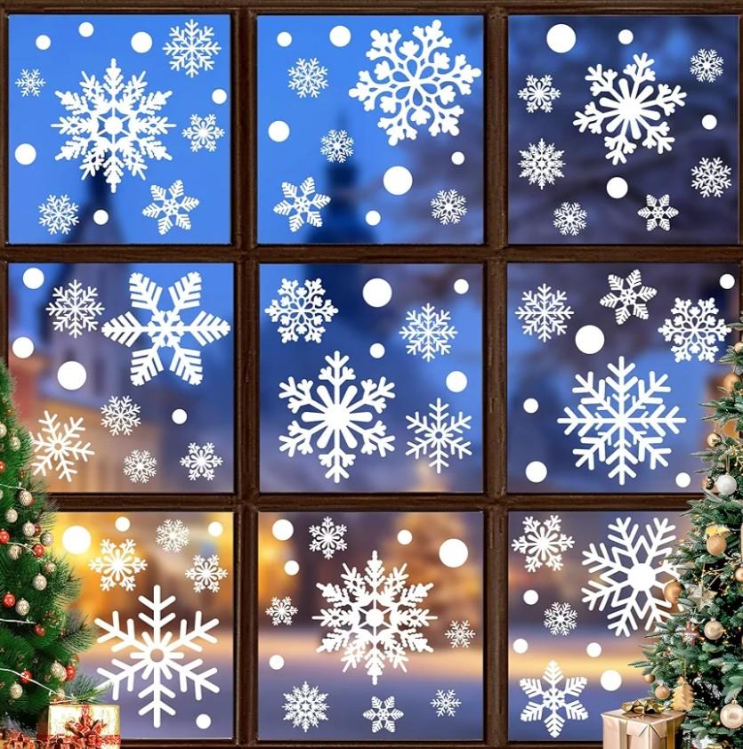 116PCS Christmas Decorations, 9 Sheets Christmas Window Clings, Snowflake Window Clings Decals, Double Sided Xmas Snowflake Decal Stickers for Winter Holiday Home Indoor Decorations Decor Supplies