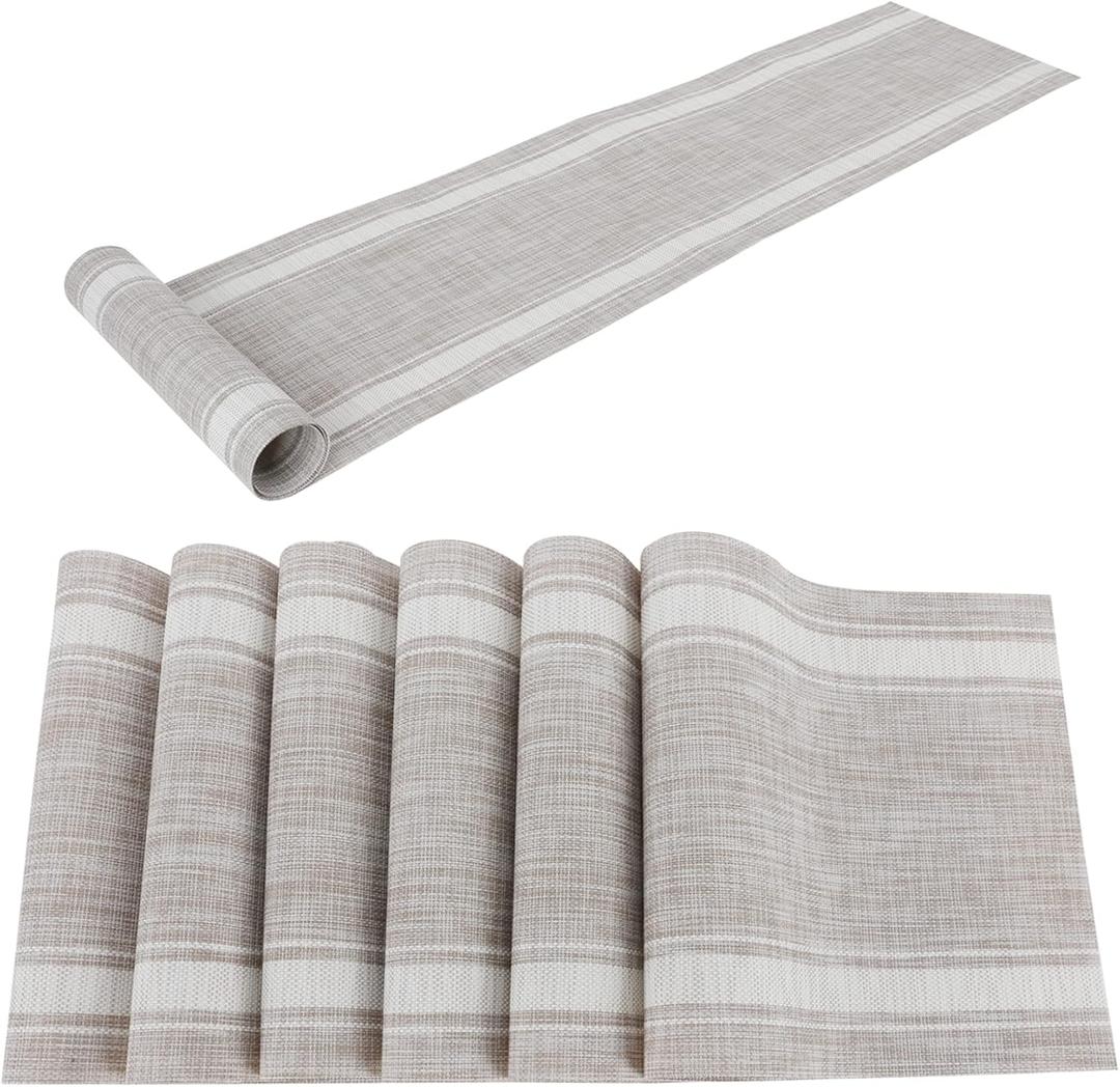 Placemats Set of 6 and Table Runner Set,Washable Easy Clean PVC Heat Resistant Farmhouse Modern for Various Tables Decorate in Kitchen Dinner Restaurant(White)
