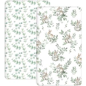 Crib Sheets for Boys and Girls, 2 Pack Fitted Baby Sheets for Standard Toddler Mattress 28" x 52", Soft Breathable Jersey Knit Baby Bedding (Bunny Meadow)