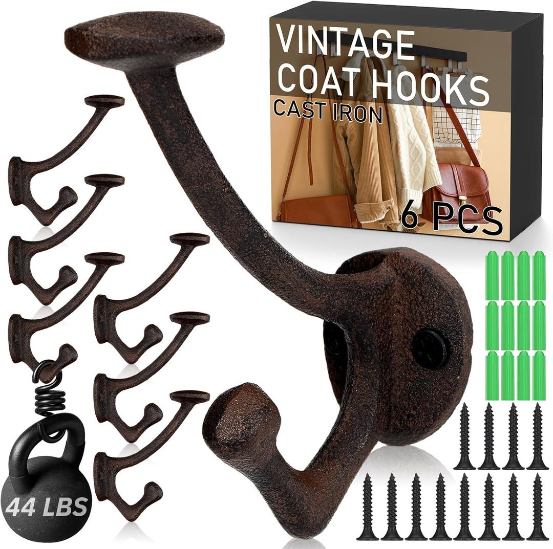 Duraaamo 6 Pcs Vintage Coat Hooks Cast Iron Wall Mounted Rustic Decorative Wall Hooks Heavy Duty Antique Metal Rack for Hanging Coats, Hats, Purse, Towels, Bags Coat Robe Door Farmhouse Decor(Brown)