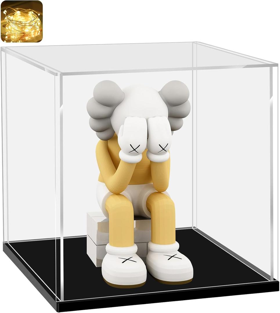 LANSCOERY Large Acrylic Display Case, 18x14x18 in, Upgraded Thickened UV-Resistant Showcase, 10mm Heavy Duty Matte Base, 98% Clarity Dustproof Box for Statues & Memorabilia, Scraper & LED Light