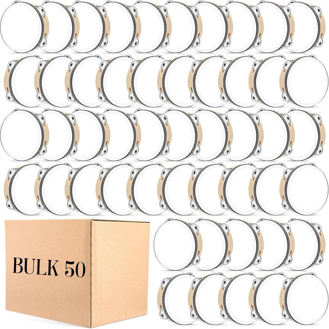 50 Pcs Tambourine Bulk Drum for Adults Operation Christmas Bulk Items Hand Held Percussion Gift Wood Metal Jingles Musical Educational Drum Instrument for Church Wedding Charity Party(6 Inch)