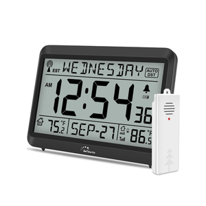 WallarGe Atomic Clock with Indoor Outdoor Temperature, Self-Setting Digital Wall Clock Battery Operated, 4 Time Zones, DST 8in.