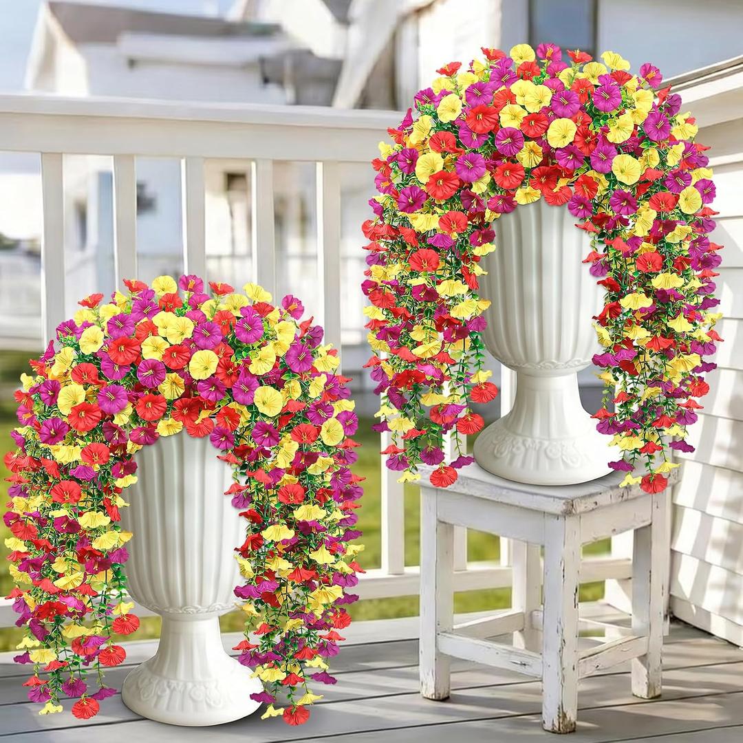 Artificial Hanging Flowers for Outdoors, 4 PCS 600 Blooms UV Resistant Morning Glory Faux Silk Vines, No-Odor Realistic Fake Plants for Garden Planter Porch Patio Decoration, Purple & Yellow & Red