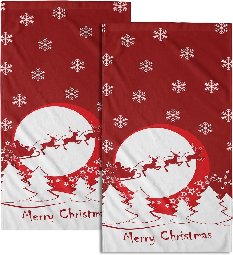 Giwawa Merry Christmas Hand Towel 28.3x14.4in Set of 2 Red Cute Santa Elk Snowflake Christmas Style Ornament Gift Soft Super Absorbent Hand Towels Multipurpose Bathroom, Hotel, Gym and Spa (Moon Deer)