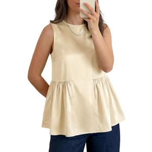 Tankaneo Womens Silk Satin Tank Tops Summer Dressy Casual Babydoll Sleeveless Shirts Peplum Pleated Loose Fit Blouses