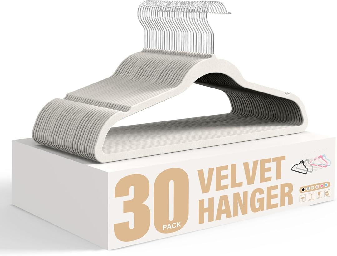 Simple Deluxe Velvet Hangers 30 Pack, Non-Slip Clothes Hangers with Shoulder Notches, 360 Swivel Hooks, Heavy Duty Coat Suit Hangers for Closet Space Saving, White
