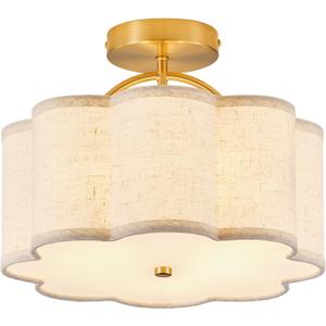 13.5" Semi Flush Mount Ceiling Light Fixture for Bedroom, 3-Light Flower-Shape Modern Close to Ceiling Light with Fabric Shade for Hallway Nursery Kitchen Island(Hemp-Color)