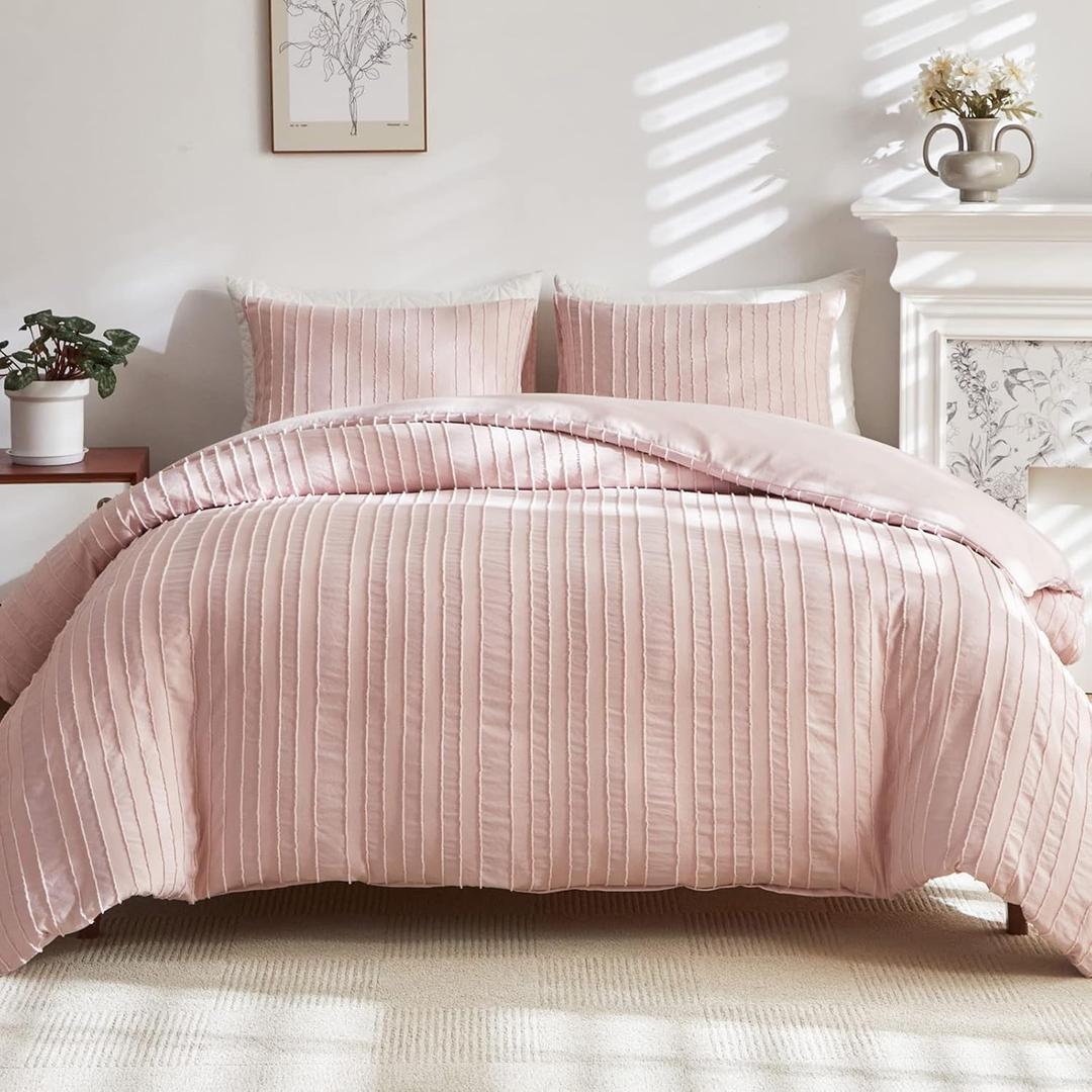 WARMDERN Pink Tufted Duvet Cover Set Queen Size, Striped Textured Duvet Cover Boho Bedding Set, 3 Pcs Ultra Soft Washed Microfiber Duvet Cover with Zipper Closure (Queen, Pink)