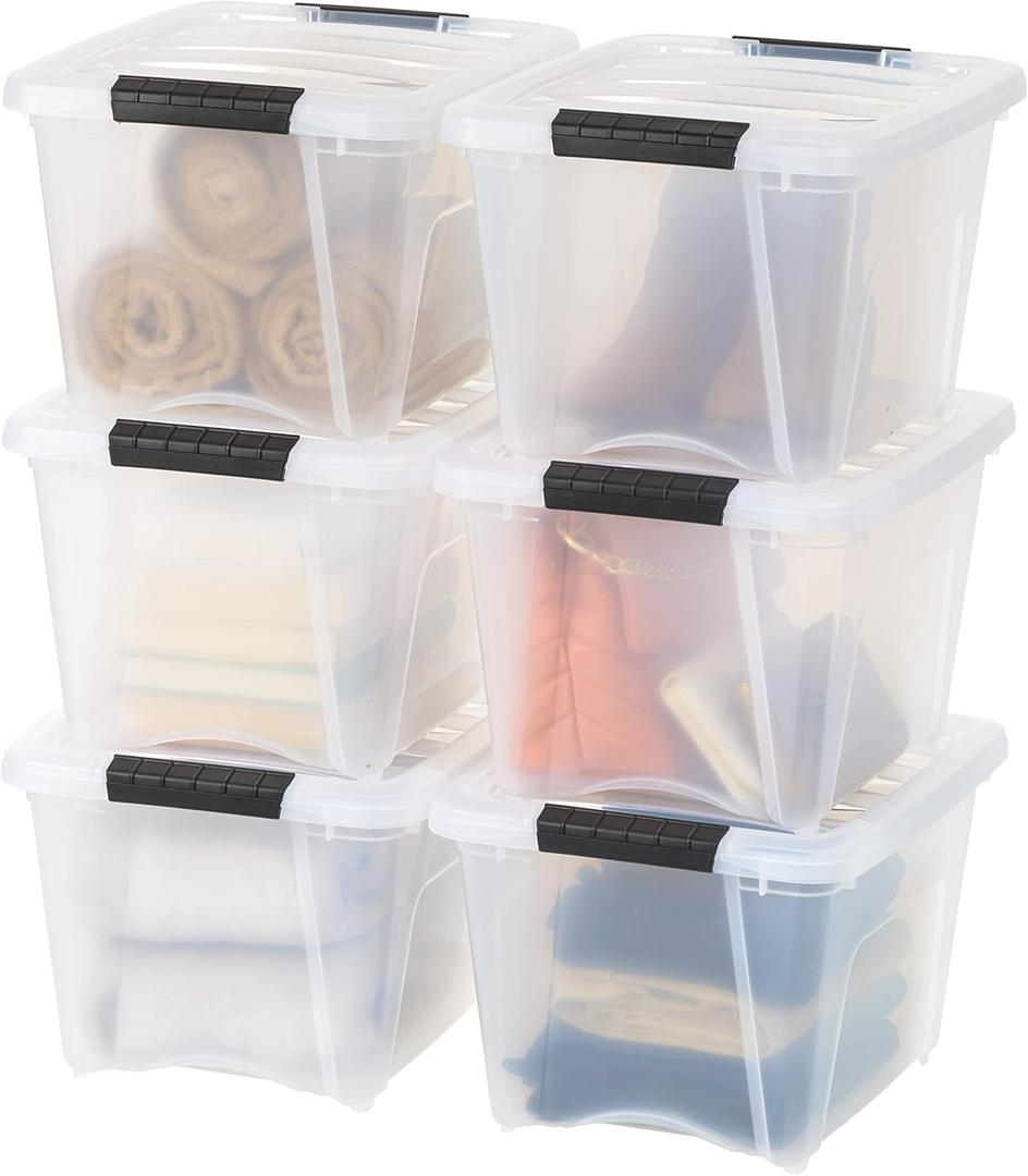 IRIS USA 19 Qt Stackable Plastic Storage Bins with Lids, 6 Pack - BPA-Free, Made in USA - See-Through Organizing Solution, Latches, Durable Nestable Containers, Secure Pull Handle - Clear (19 Qt. - 6 Pack)