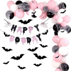 Pink Halloween Party Decorations With Happy Boo Day Banner, Spider Web, Bat Wall Decor, Pink and Black Balloons for Birthday and Baby Shower