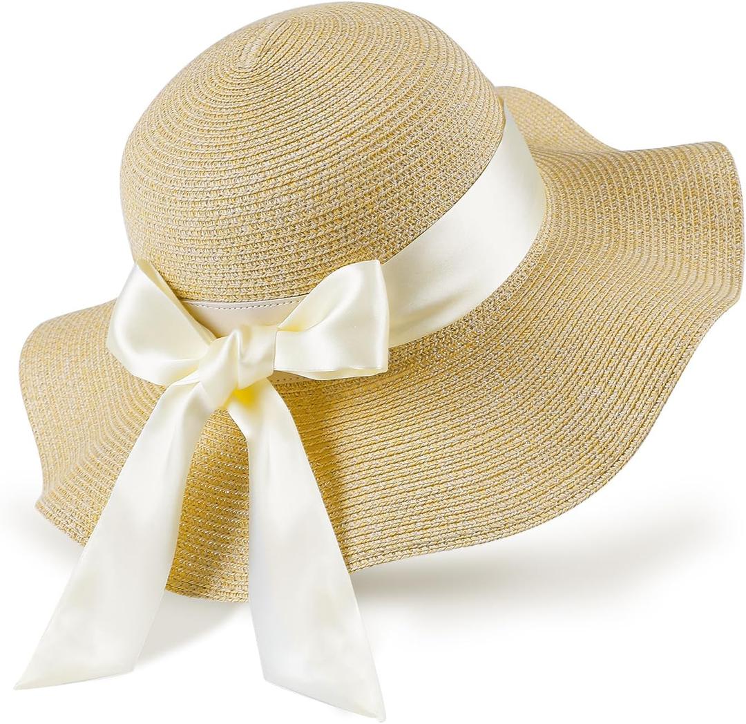 GNEGNI Straw Sun Hats for Women, Wide Brim Summer Beach Hat with Detachable Silk Tie, Foldable Floppy Hat - UV Sun Protection