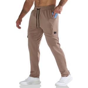 BROKIG Mens Inmesh Sweatpants Open Bottom, Cotton Athletic Workout Pants Drawstring Casual Gym Joggers with Pockets (XXL, Beige)