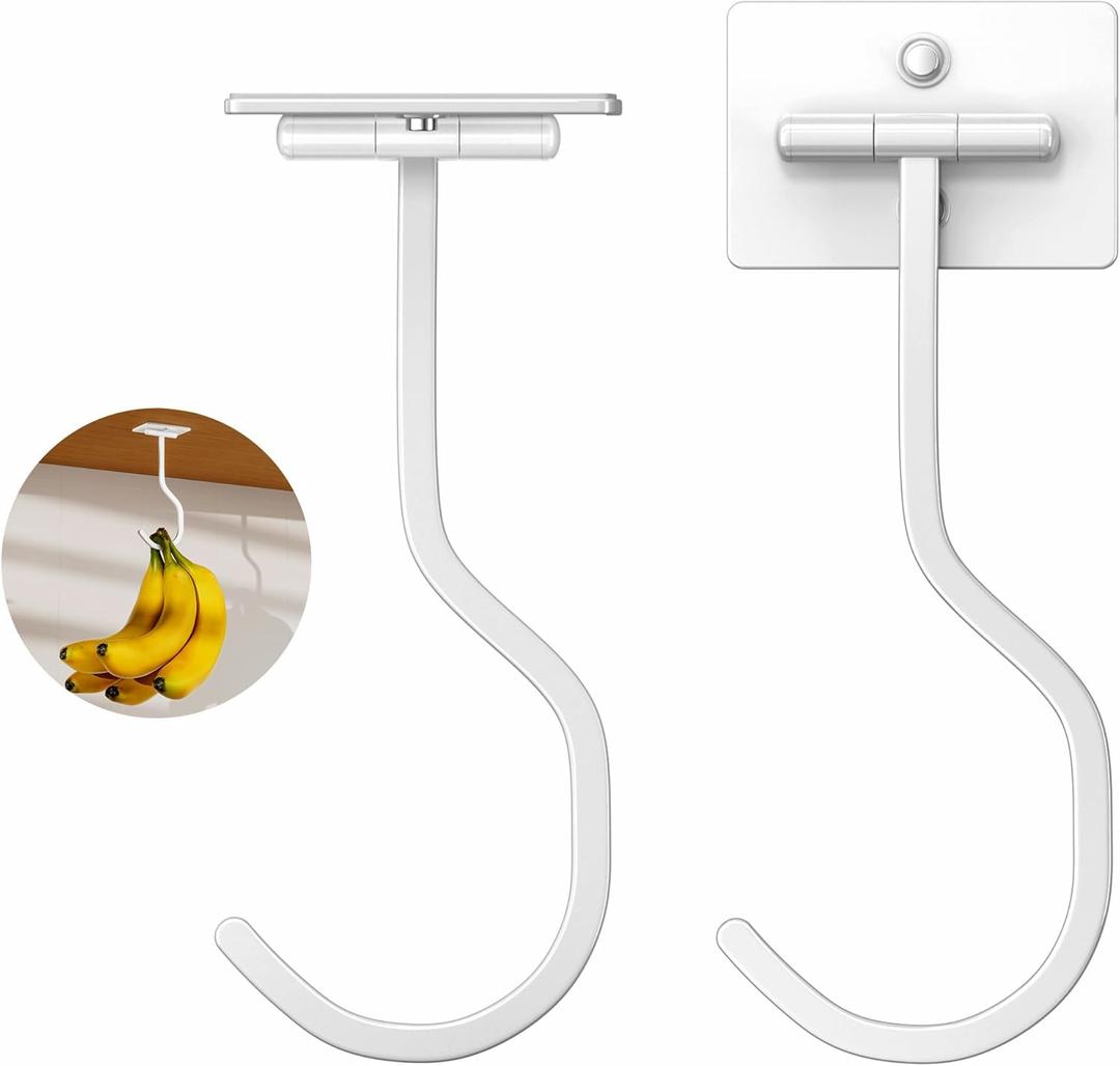 2-Pack Under Cabinet Banana Hook - Foldable Magnetic Banana Hangers, Adhesive & Space-Saving, Folds Up When Not in Use, White, for Kitchen, RV, Home, Office