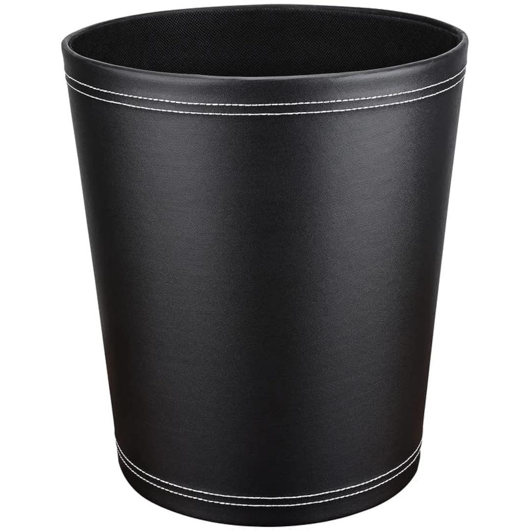 GORESE Pu Leather Trash Can, 2.6 Gallon Black Bathroom Trash Can, Small Office Garbage Can Wastebasket for Bedroom, Kitchen, Round Trash Bin Decorative Under-Sink/Desk/Home Easy to Clean