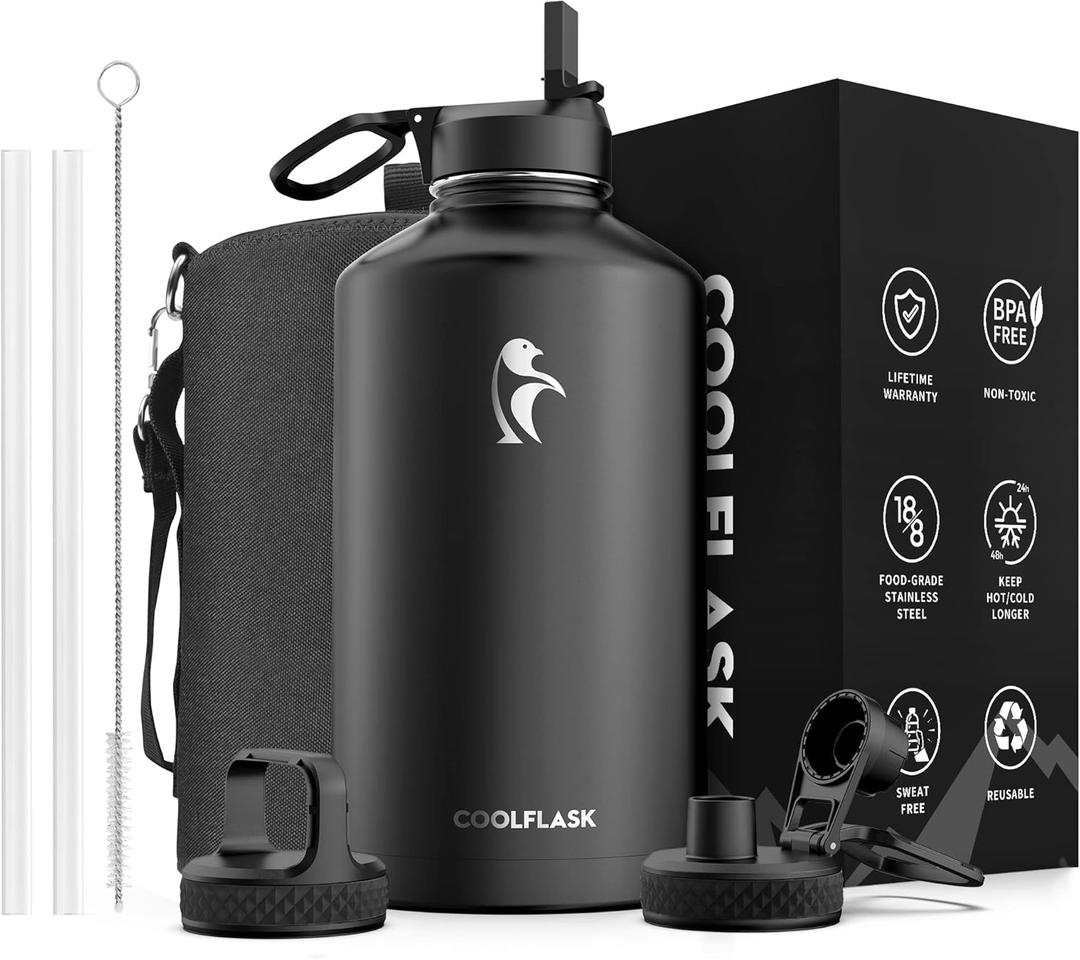 Coolflask 128 oz Gallon Water Bottle Insulated with Straw&3 Lids, Water Jug Large Stainless Steel Metal Vacuum Wide Mouth for Sports, Gym or Office, Non-BPA Keep Cold 48H Hot 24H