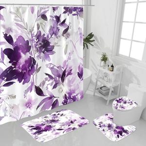 4 Pcs Purple Watercolor Floral Shower Curtain Sets with Rug, Toilet Lid Cover and Bath Mat, Botanical Flower Shower Curtains for Purple Bathroom Decor, White Fabric Waterproof Bathroom Set