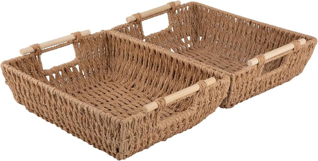 OIAHOMY Storage Baskets, Small Paper Rope Wicker Organizers with Wooden Handles, Baskets for Organizing, 2-Pack, Yellow (14.2"*10.8"*4.1")