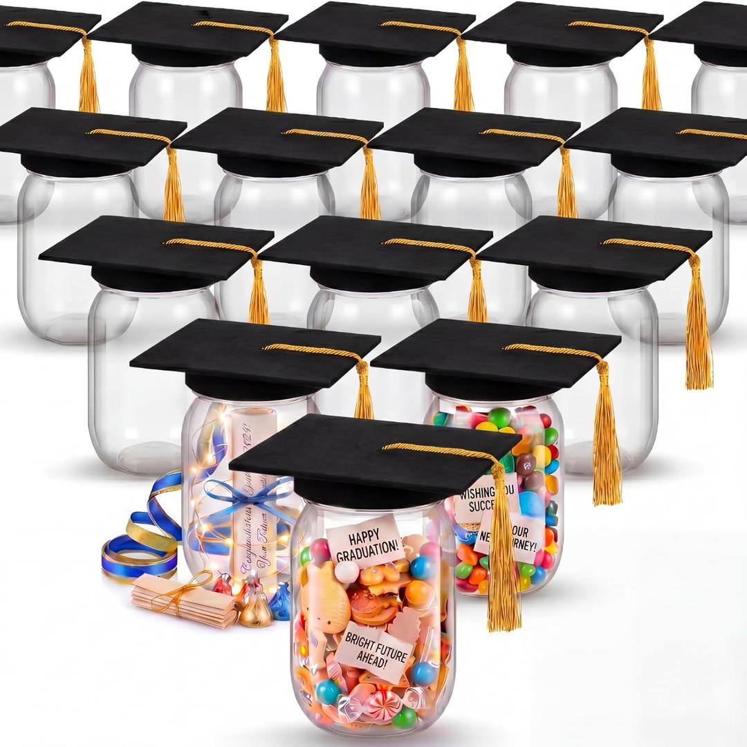Amyhill 16 Sets Graduation Cap Candy Jar 12 oz Plastic Mason Jars Candy Containers for Class of 2026 Table Centerpieces Graduation Party Favors (Black)
