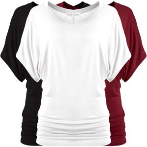 Free to Live 3 Pack Dolman Sleeve Tunic Dressy Business Casual Tops for Women Short Sleeve Shirts Work Outfits Travel Clothes (Large, Black, White, Wine)