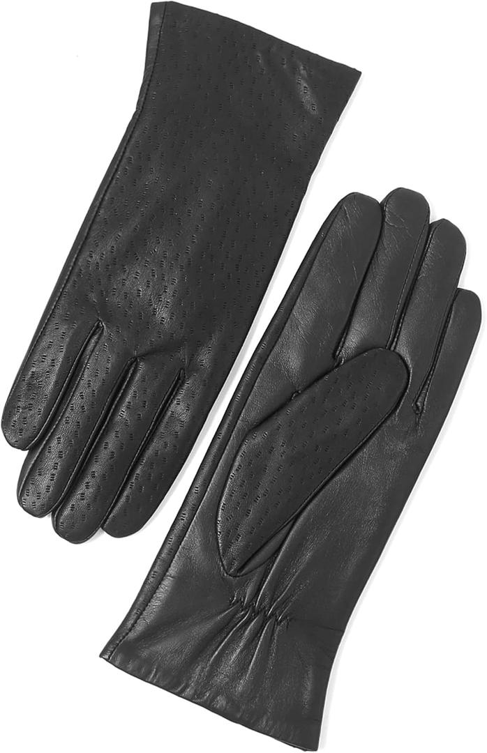 YISEVEN Womens Sheepskin Leather Gloves with Floral Embroidery and Animal Print (6.5"/S, Black - Small Spot)