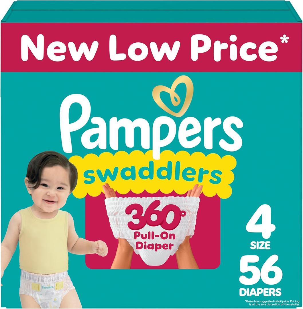 Pampers Diapers - Swaddlers 360 - Size 4, 56 Count, for up to 100% Leakproof Premium Skin Protection (Packaging May Vary)