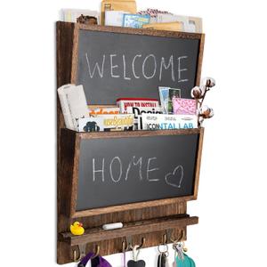 Rustic 2-Slot Mail Sorter Organizer for Wall with Chalkboard Surface & 3 Double Key Hooks - Wooden Wall Mount Mail Holder Organizer  Wall Dcor for Entryway Made of Paulownia Wood - Rustic Brown