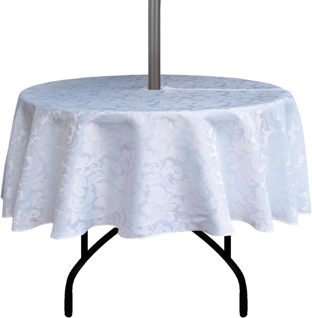 Damask Outdoor Tablecloth Water Resistant Polyester Fabric Table Cover with Zipper Umbrella Hole for Garden Patio Tabletop 60Inch Round,White
