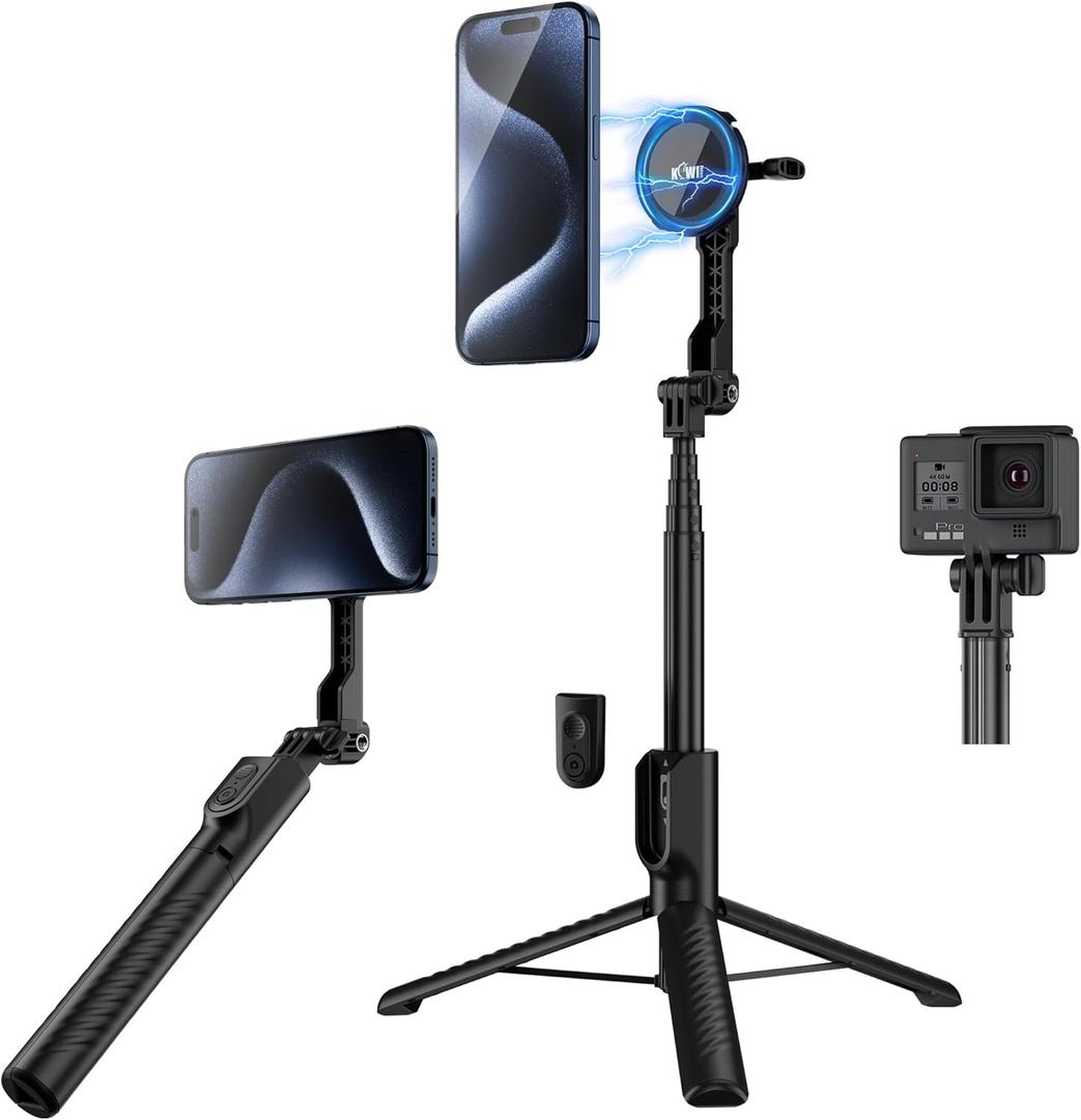 KIWIFOTOS Mini Magnetic Tripod for iPhone MagSafe Selfie Stick with Wireless Remote for iPhone 16 15 14 Travel Vlogging Video Recording Cell Phone Tripod Stand for Samsung Google Pixel (Black)