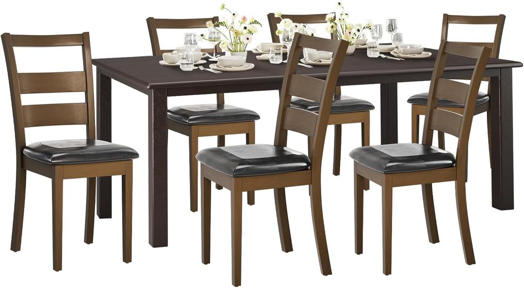 COLAMY Rectangle Wooden Dining Room Table Set for 6, Mid Century Modern Kitchen Table and PU Leather High Back Dining Room Chair for Home, Saving Space (1 Table with 6 Chairs), BlackBrown