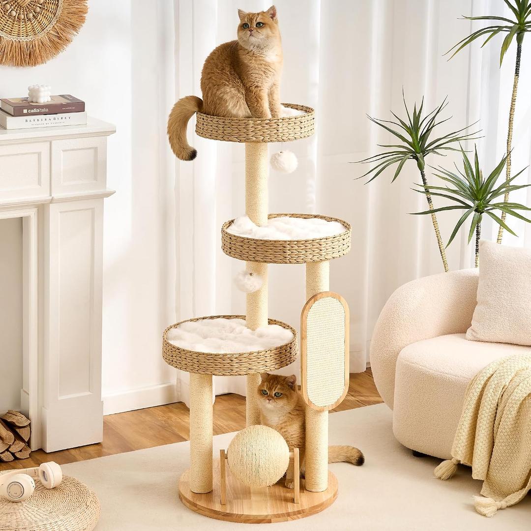 797Audio Wood Modern Cat Tree for Large Cat, 47" Cat Tower with Scratching Posts, Scratch Ball, Cat Beds, Aesthetic Multi-Level Cat Climbing Tree with Hand-Woven Wicker Rattan for Indoor Cats