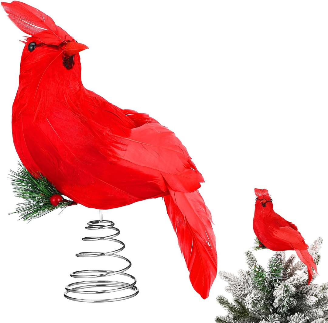 Shappy 7.1'' Cardinal Christmas Tree Topper Red Cardinal Tree Decoration Red Bird Feathered Treetop Xmas Ornaments for Holiday Party Decorations