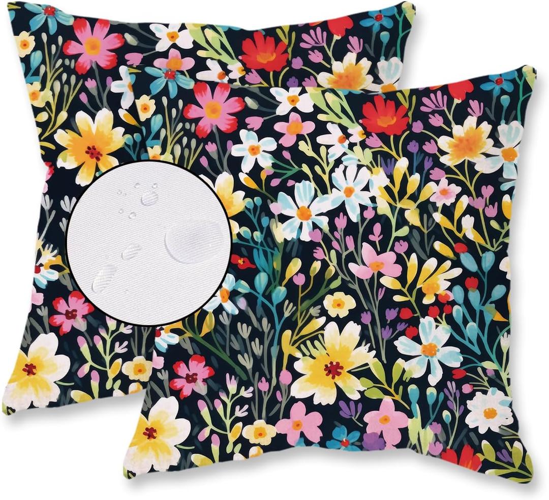 HOMFREEST Outdoor Floral Throw Pillow Covers 18x18 Inch Set of 2 Black Waterproof Flowers Decorative Spring Summer Holiday Patio Cushion Cases for Patio Furniture Garden