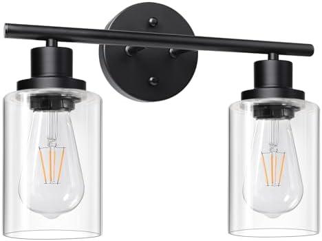 Unicozin 2 Light Vanity Lights, Black Wall Sconce Light with Clear Glass, Bathroom Light Fixtures, Wall Lights for Mirror, Living Room, Bedroom, Hallway, E26 Base (Bulbs Not Included)