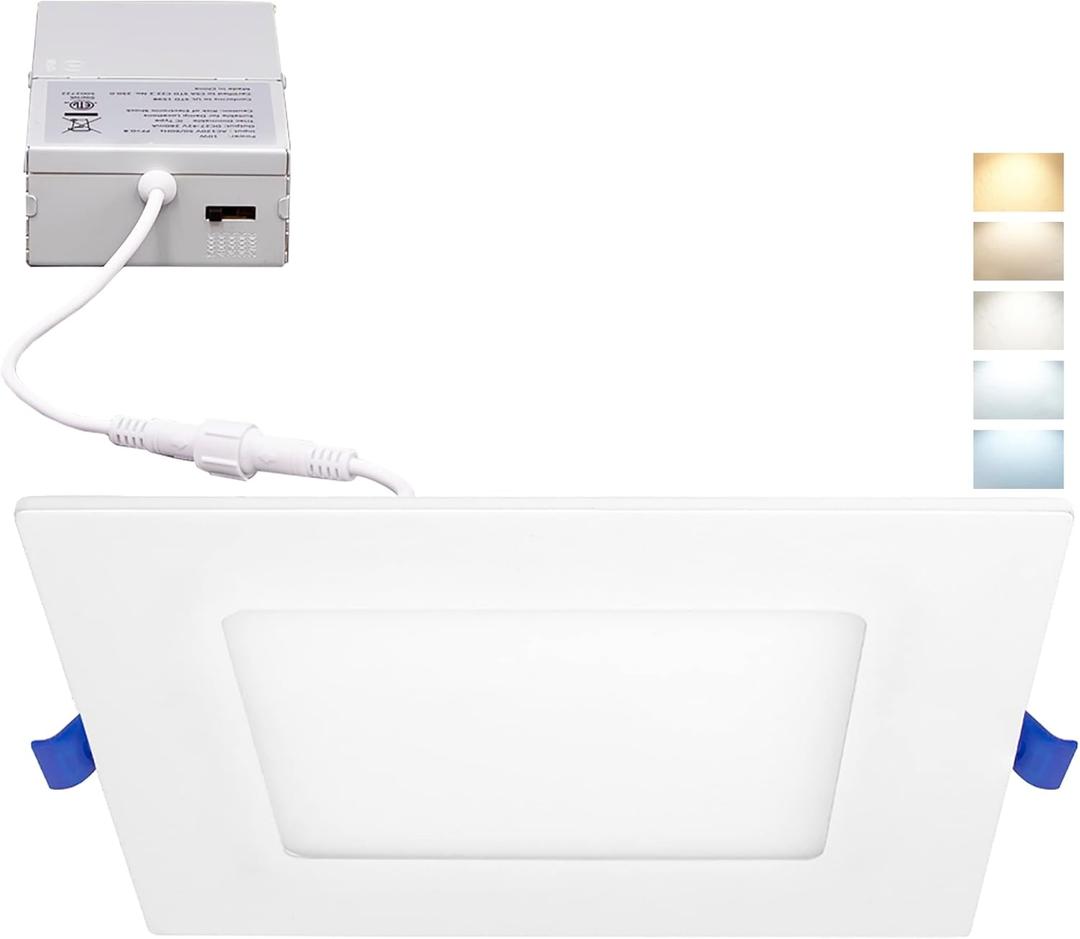 Maxxima 4 in. Square 5CCT Ultra Thin Recessed LED Downlight, 750 Lumens Slim Canless, IC Rated, 5 Color Temperature Selectable 2700K/3000K/3500K/4000K/5000K, Dimmable, J-Box Included (Single Pack)