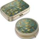 Pill Case Pill Box with Mirror Retro Small Pill Case for Purse or Pocket Bronze Pill Box or Vitamins, Fish Oil, Supplements, Pill Containe Travel Gifts2PCS (Vangogh Art)