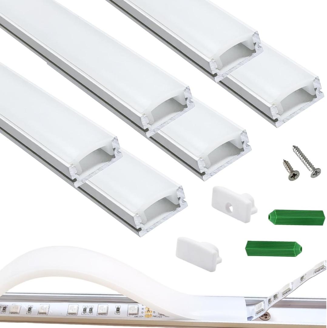 THMOOTHER LED Strip Pre-Drilled White U Channel Diffuser 6-Pack 3.28FT,Surface Mounted Tape Light Aluminum Track with Continuous Silicone Cover. Flush Installed Low Profile (White, 6X3.3FT)