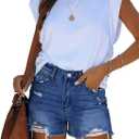 MINGALONDON Women's Denim Shorts Summer Mid Waist Ripped Raw Cut Hem Distressed Stretchy Jean Shorts (L)