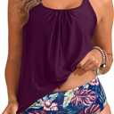 Tempt Me Blouson Two Piece Tankini Swimsuits for Women Tummy Control Bathing Suits with Bottoms Modest Loose Fit Swimwear (Small, Purple Leaf)